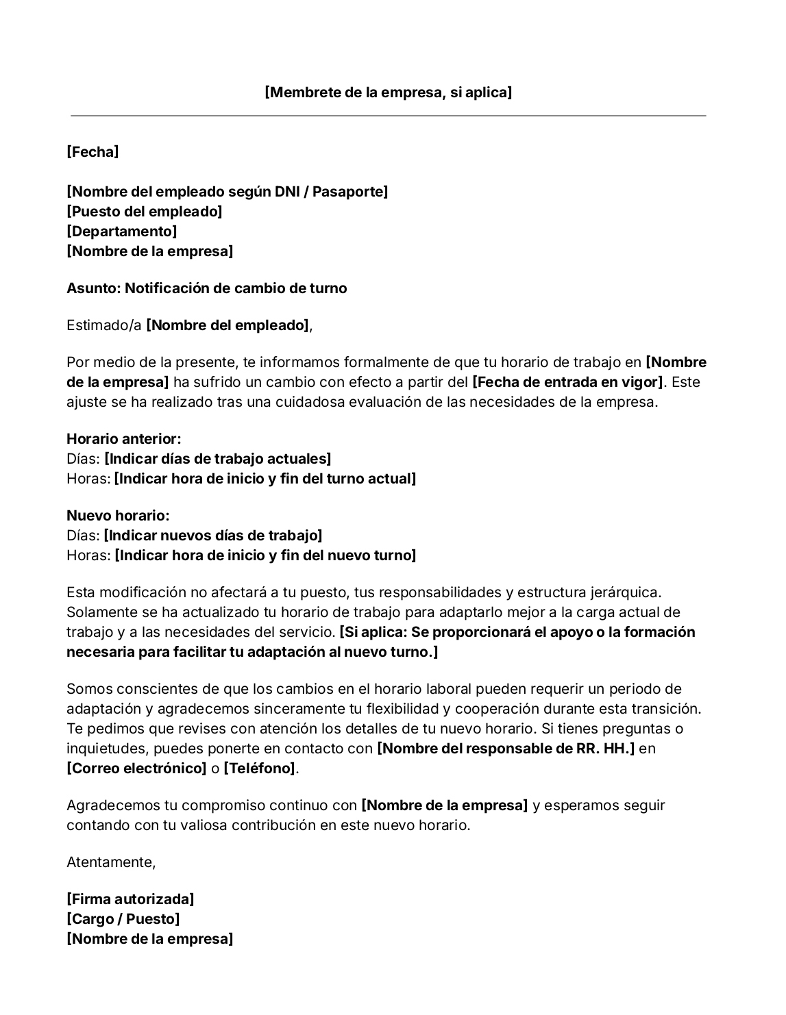 Plantilla de carta de notificación de cambio de turno