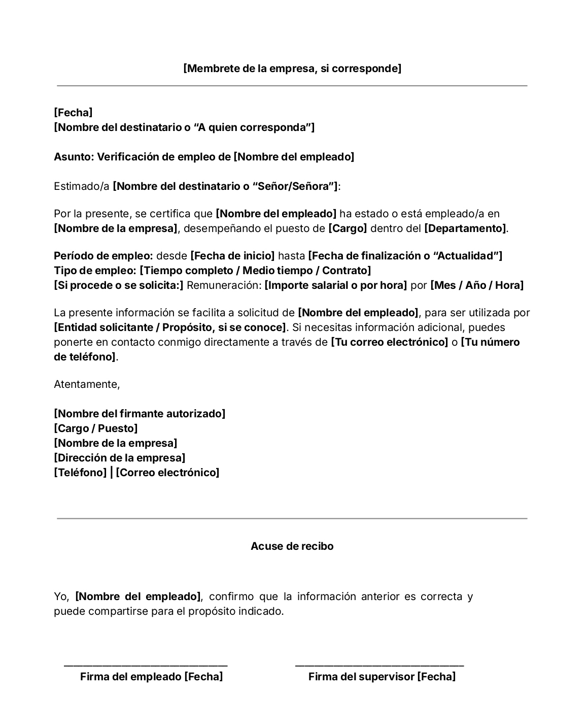 Plantilla de carta de verificación laboral
