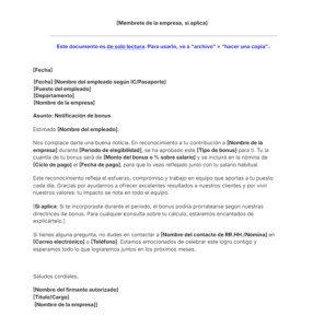 Plantilla de carta de notificación de un bonus. Descarga gratis