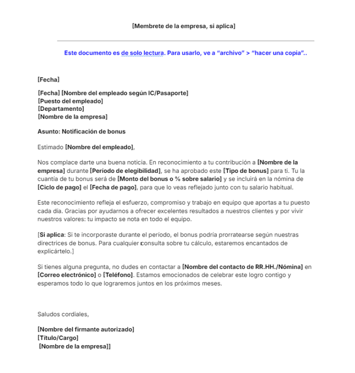 Plantilla de carta de notificación de un bonus. Descarga gratis