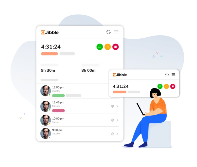 Painel de controle do app de registro de horas do Jibble