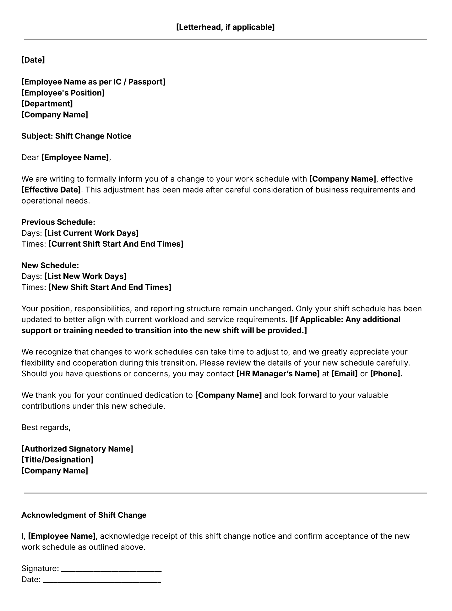 shift change notice template