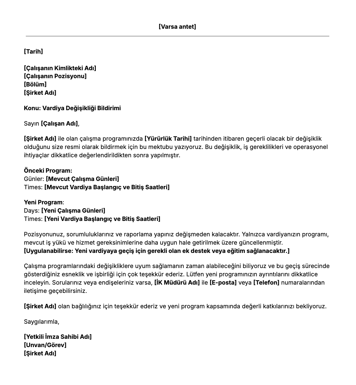 Ücretsiz Vardiya Değişiklik Bildirimi Şablonu