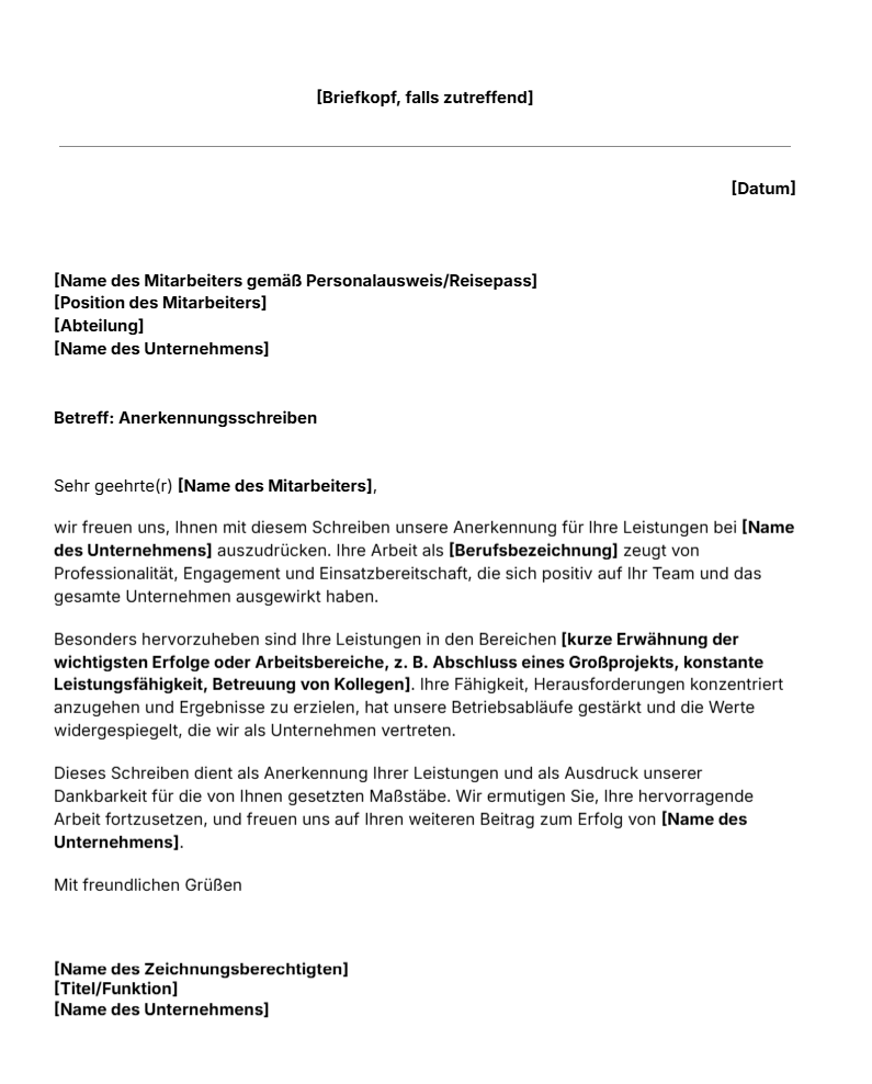 Vorlage für ein Anerkennungsschreiben