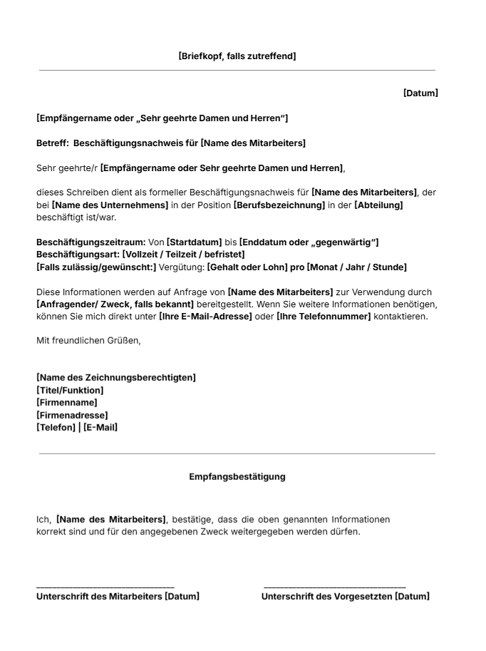 Vorlage für einen Beschäftigungsnachweis