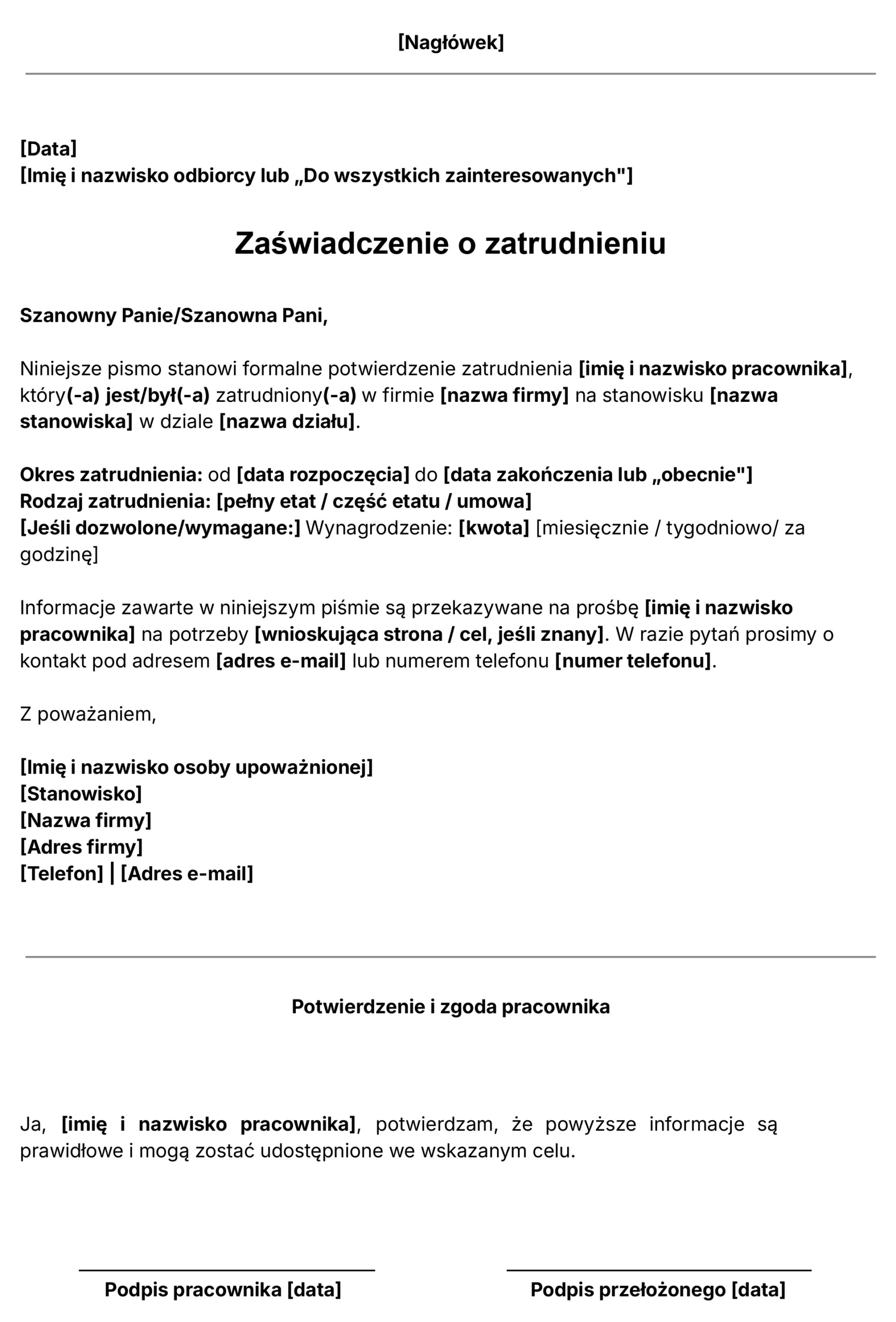 Zaświadczenie o zatrudnieniu - wzór do pobrania.