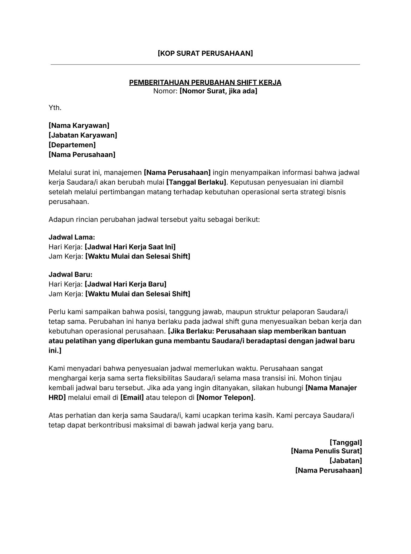 Contoh pemberitahuan perubahan jadwal kerja
