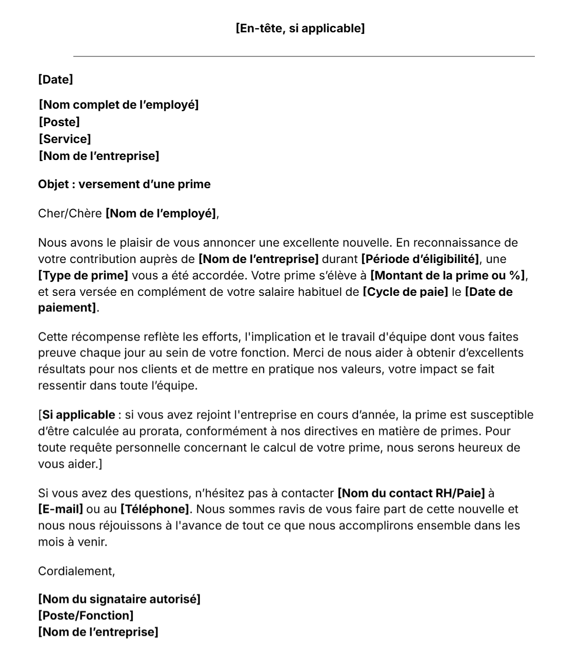 Modèle gratuit de lettre de versement d'une prime