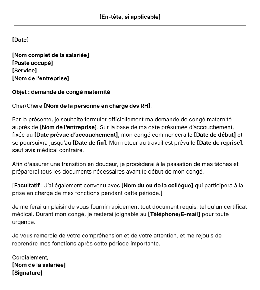 Modèle gratuit de lettre de demande de congé maternité