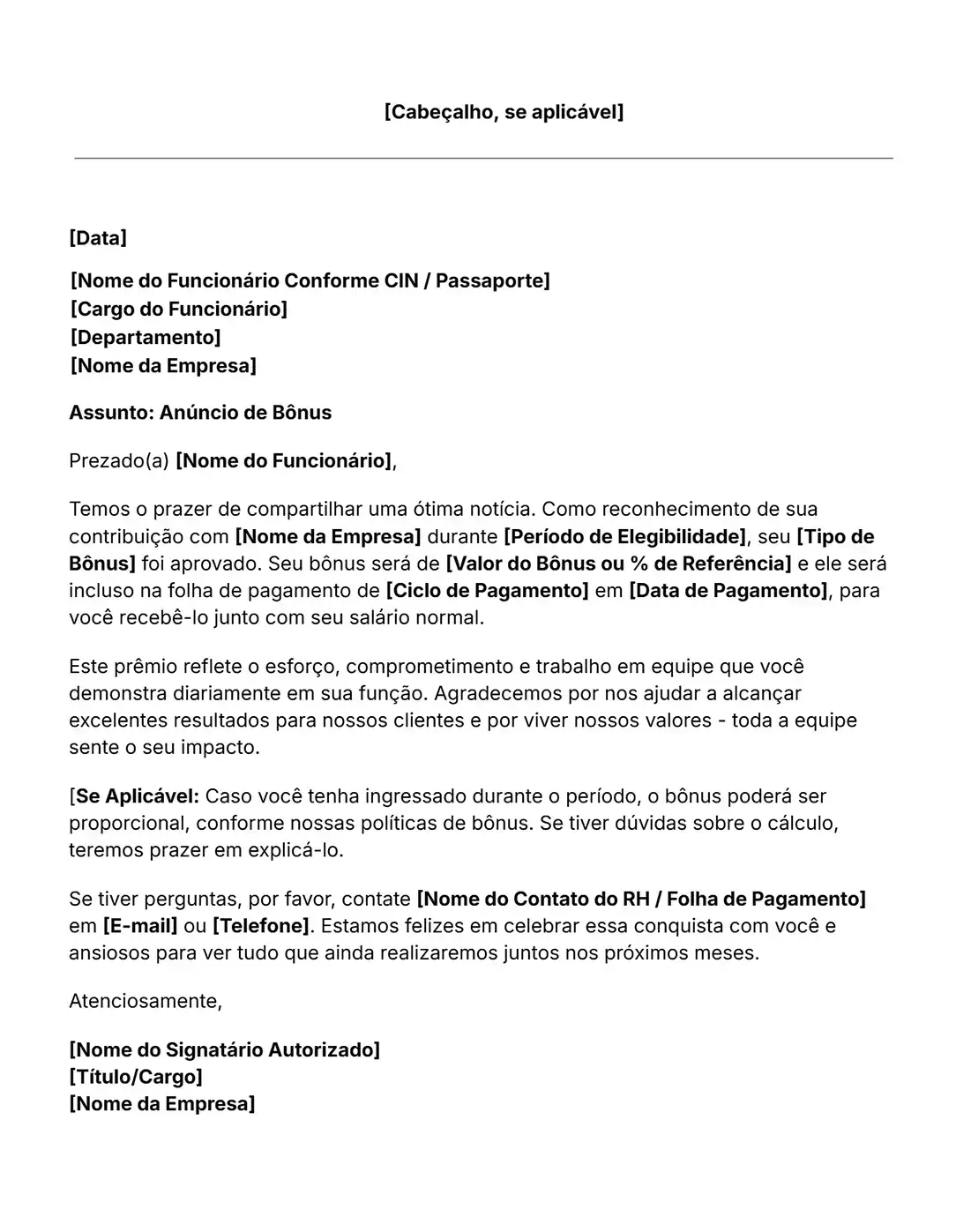 modelo de carta de bônus para funcionários