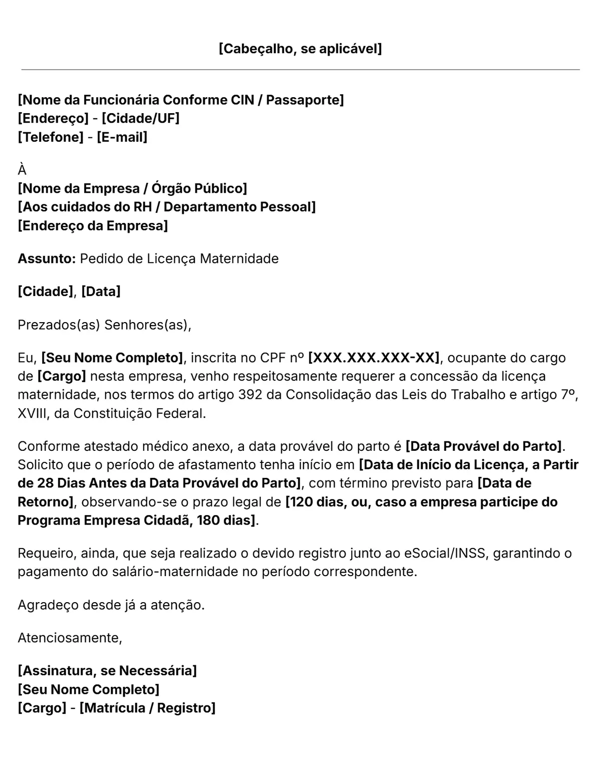 Modelo de pedido de licença maternidade