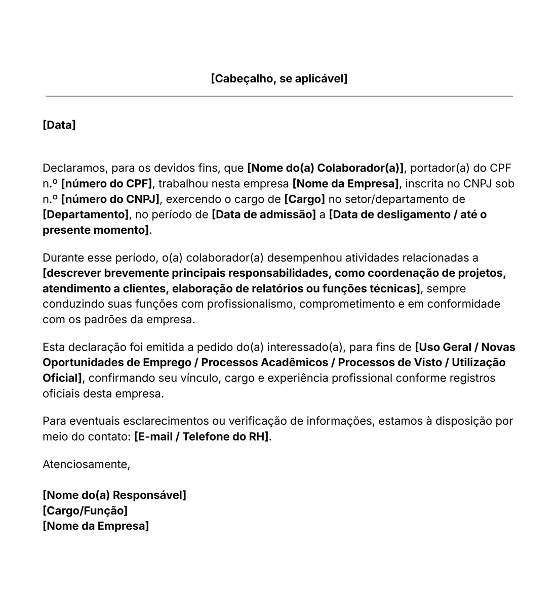 Modelo de declaração de experiência profissional