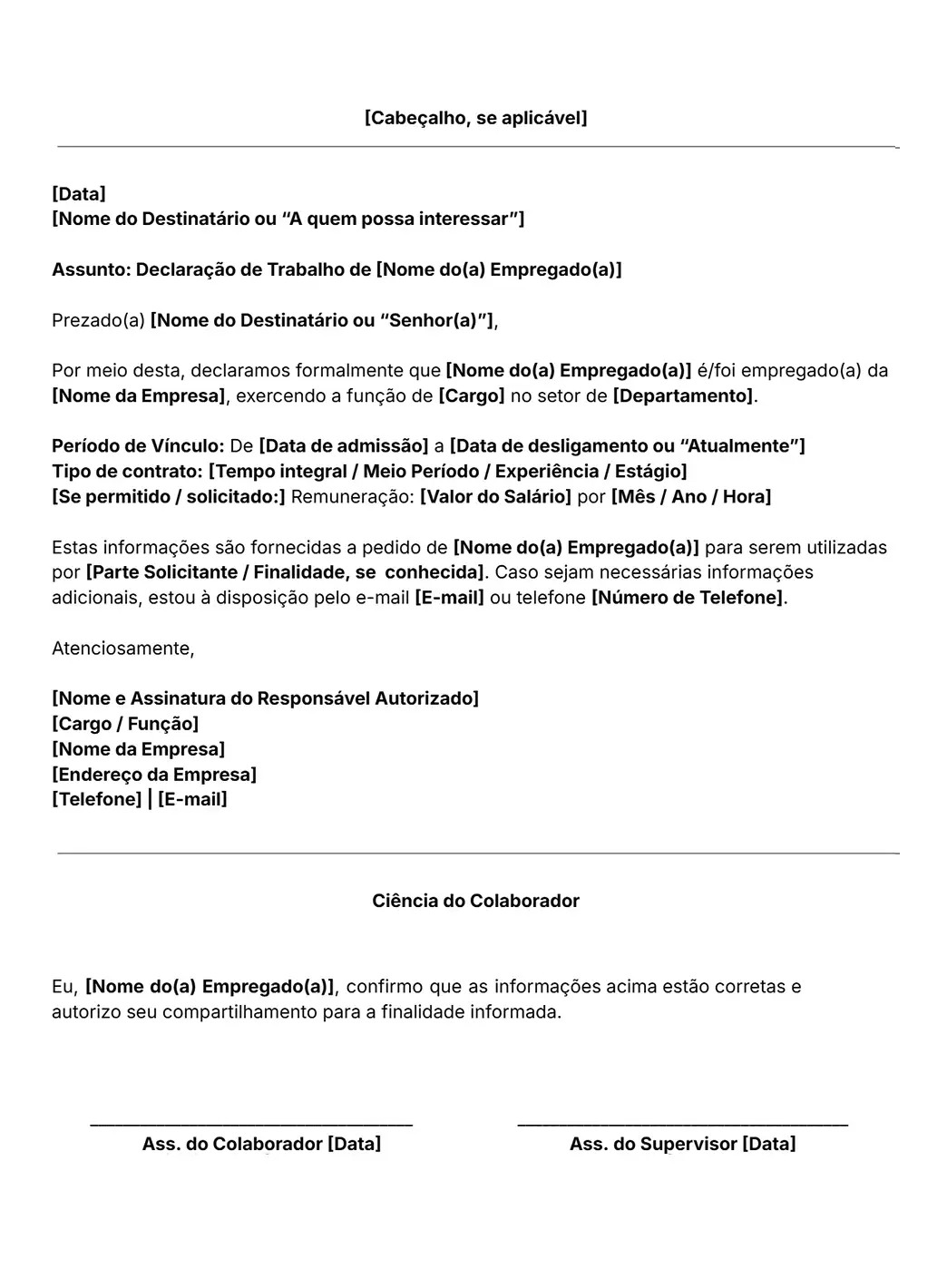 modelo de declaração de trabalho
