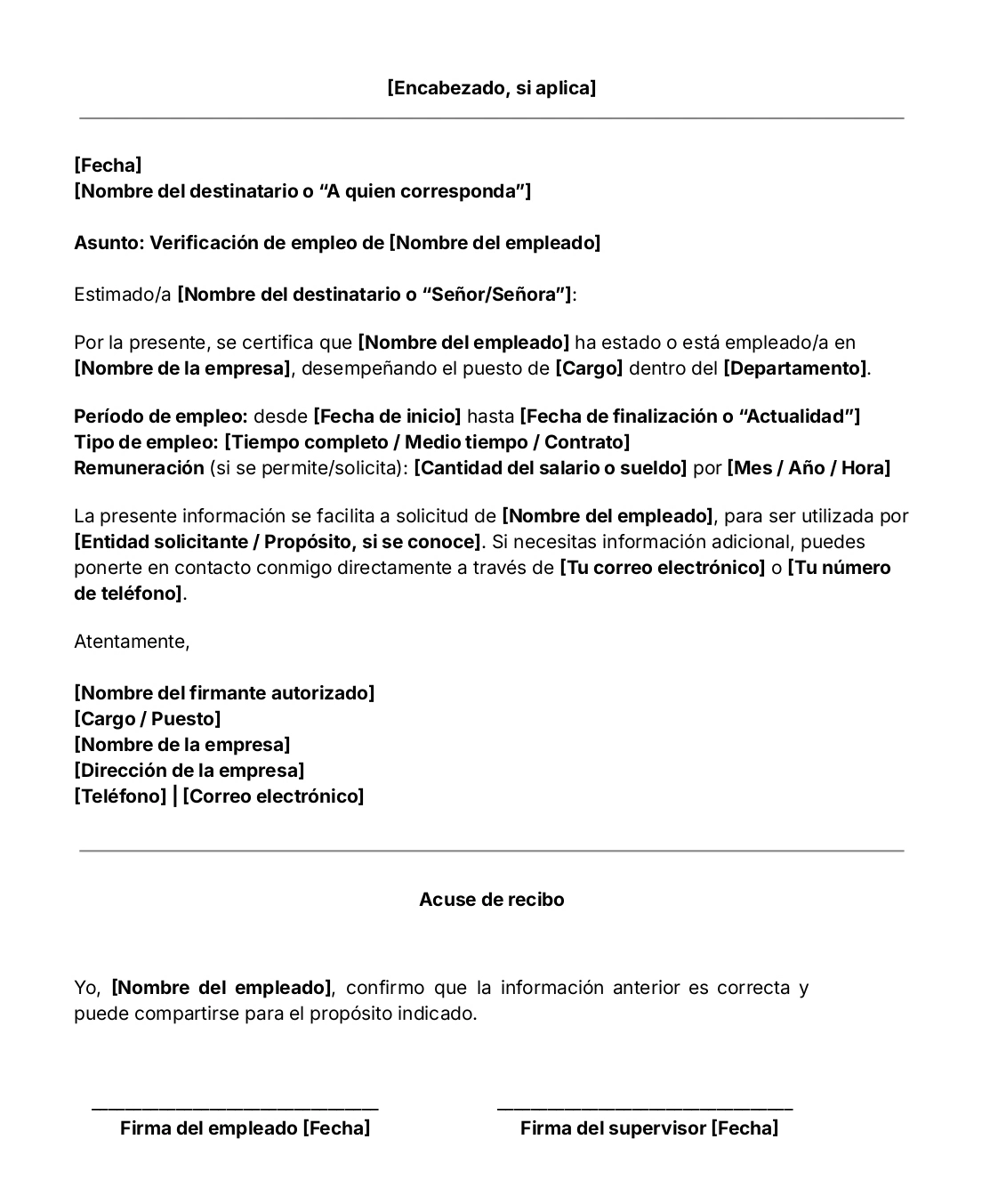 Plantilla de carta de verificación laboral