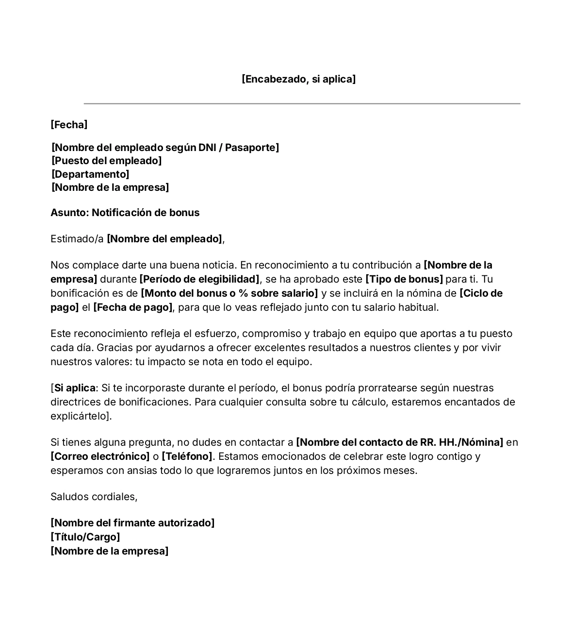 plantilla de carta de anuncio de bonificación