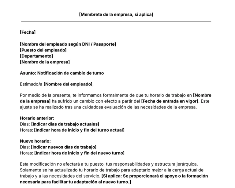 portada Plantilla de carta de notificación de cambio de turno