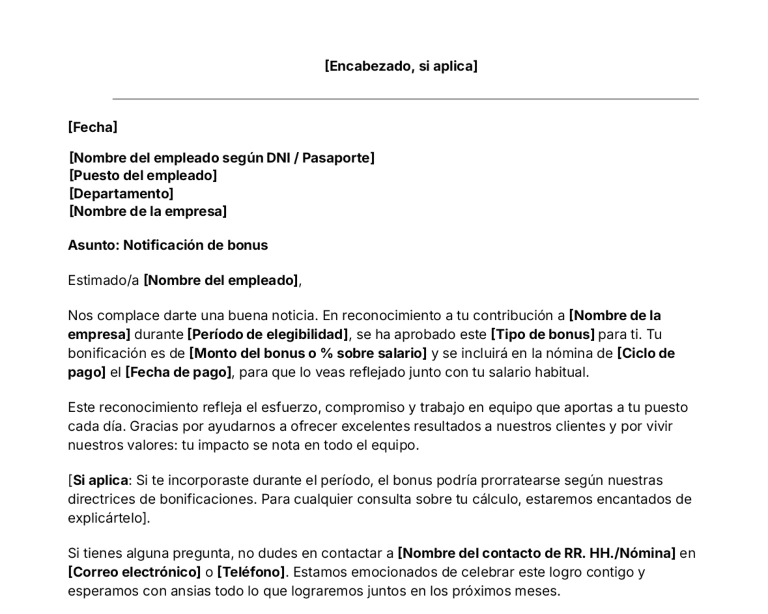 portada Plantilla de carta de notificación de un bono