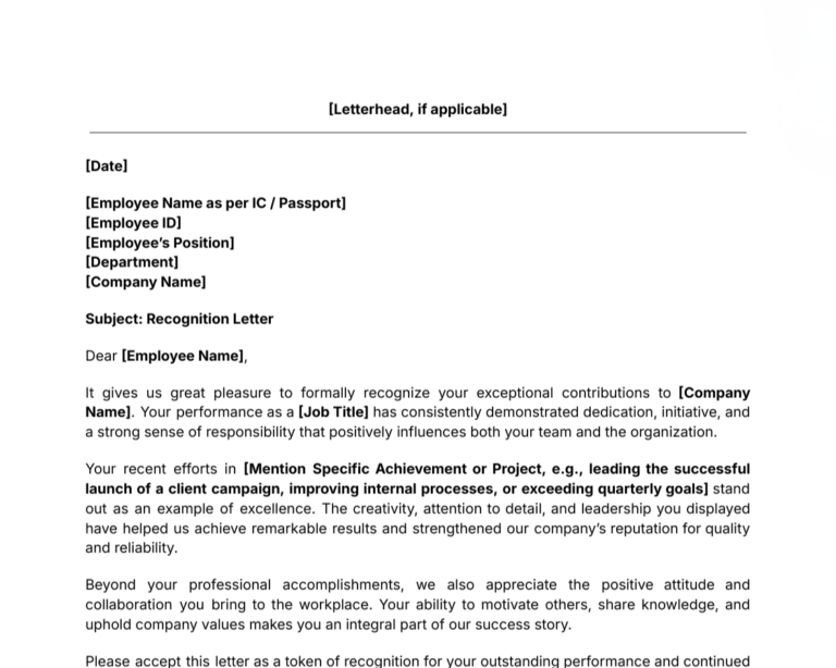 Employee Recognition Letter Template thumbnail