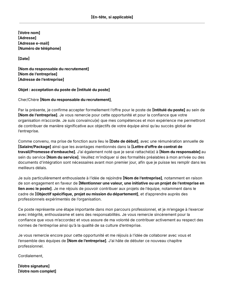 Modèle de lettre d'acceptation de poste