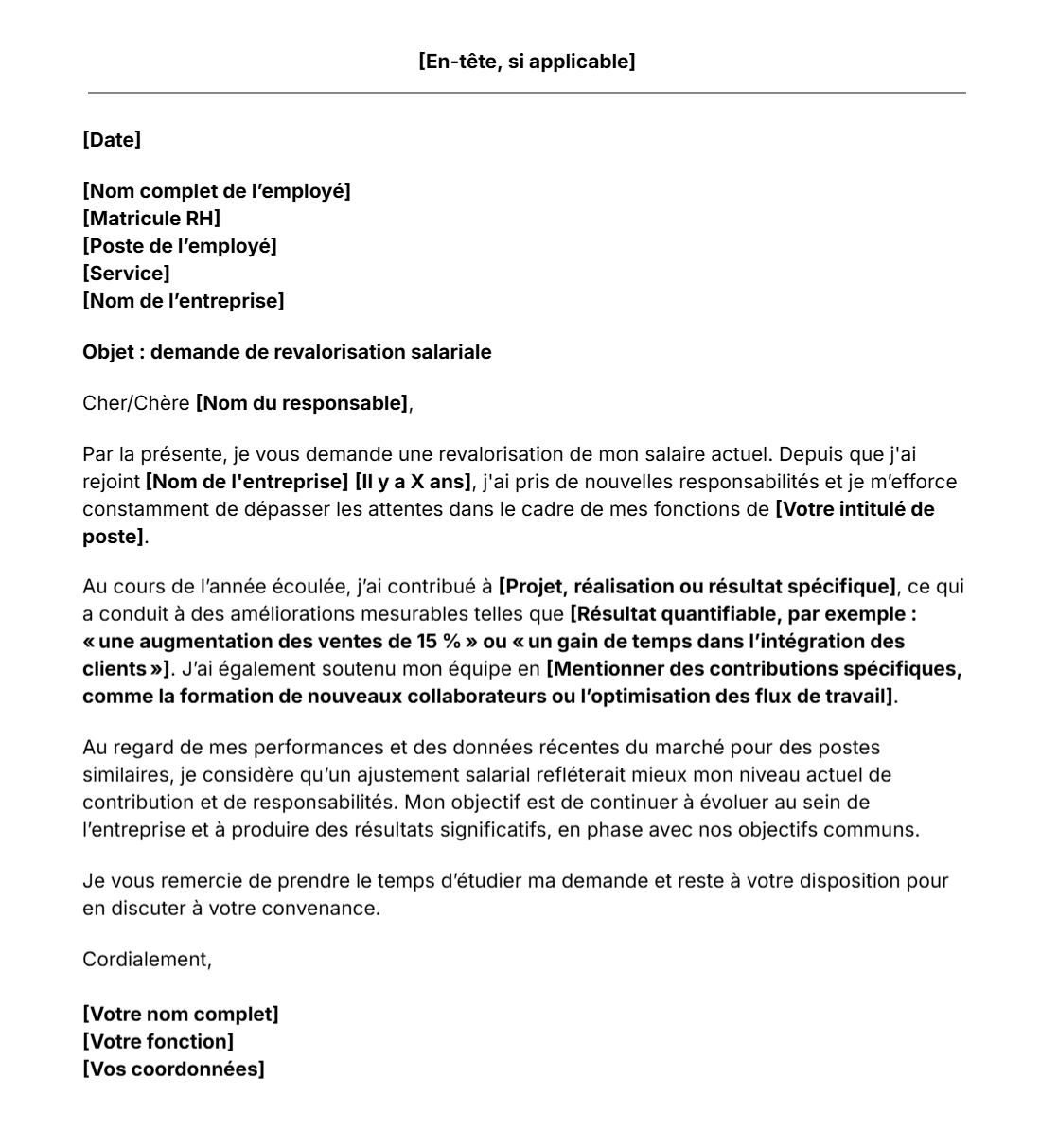 Modèle de lettre de demande d'augmentation de salaire