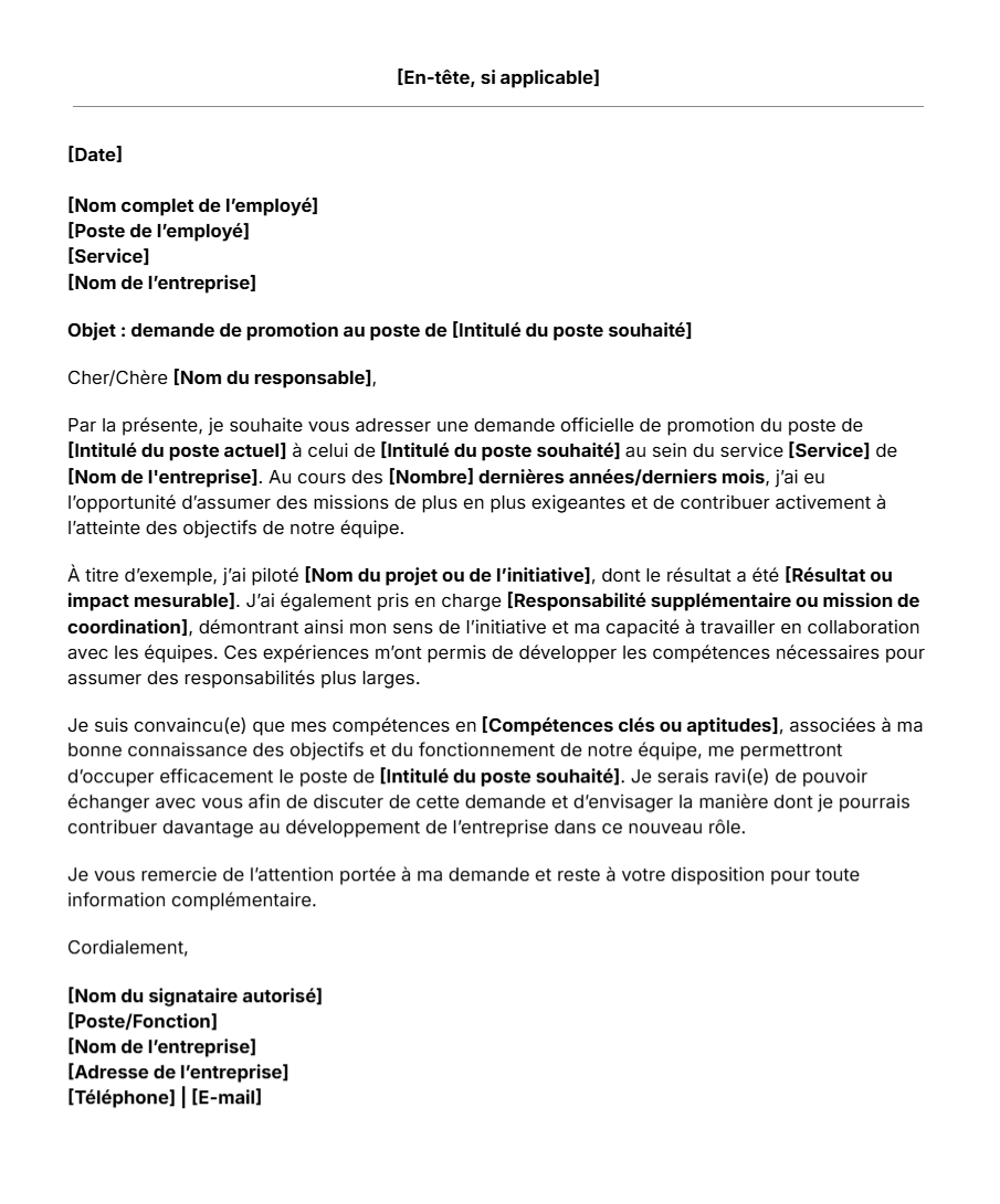 Modèle de lettre de demande de promotion