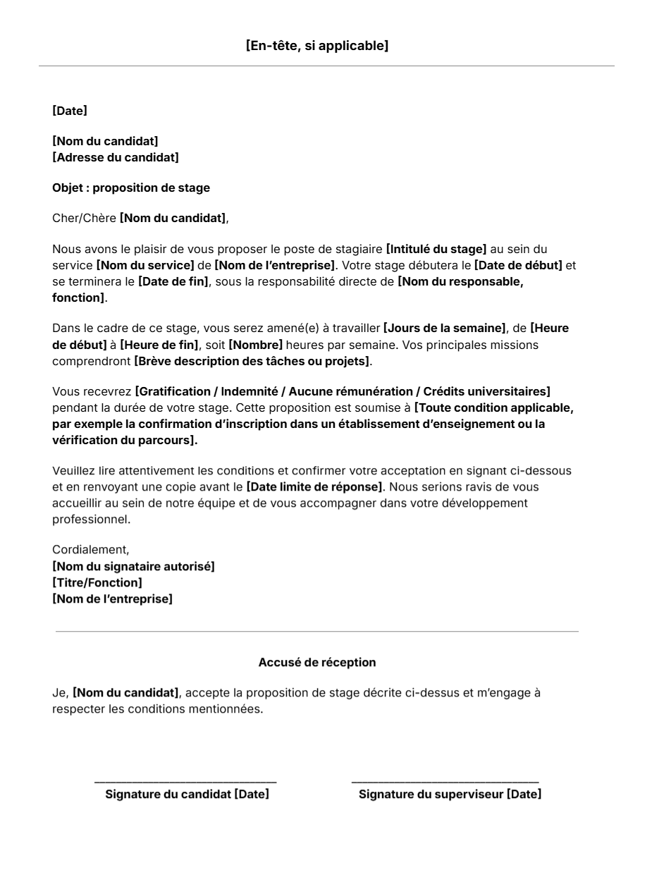 Modèle de lettre de proposition de stage