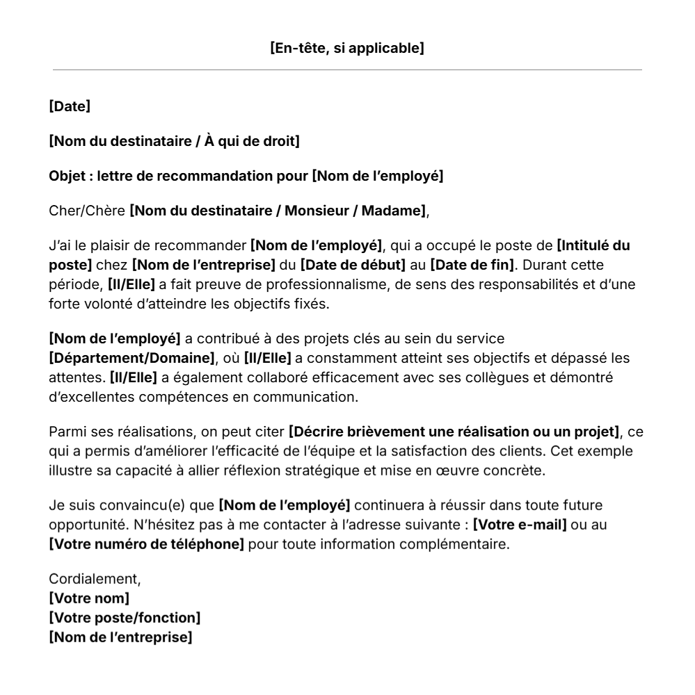 Modèle de lettre de recommandation