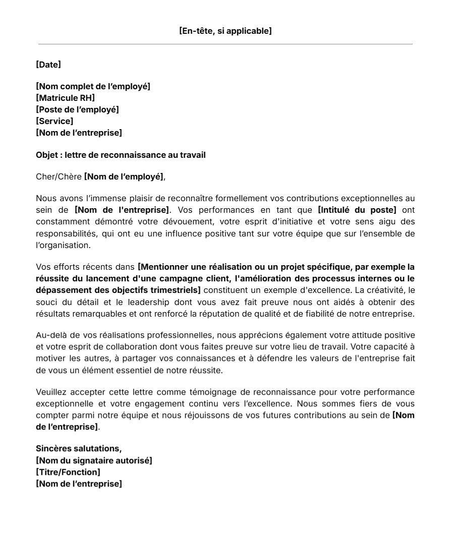 Modèle de lettre de reconnaissance au travail