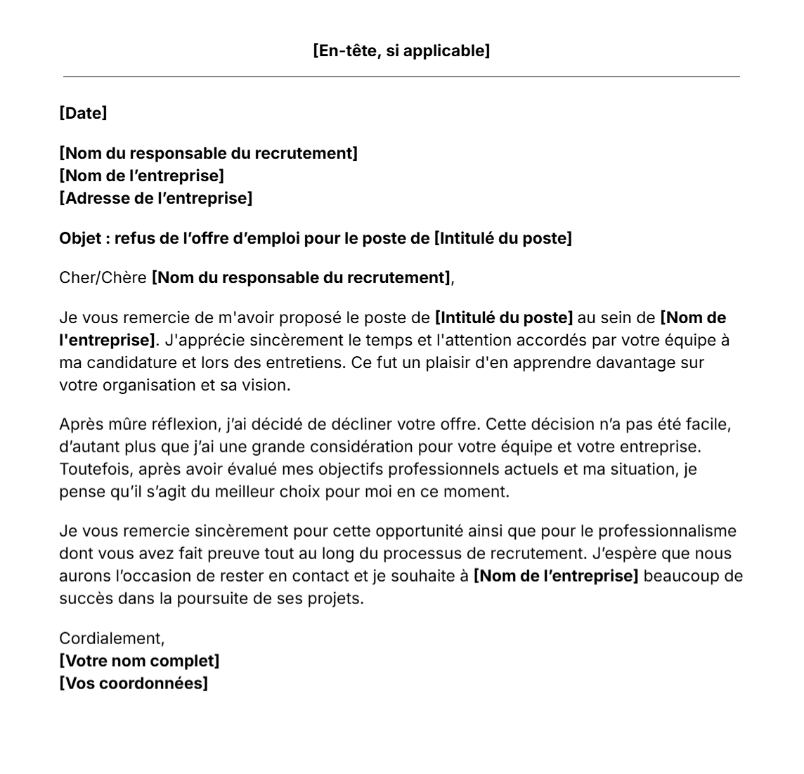 Modèle de lettre de refus d'offre d'emploi