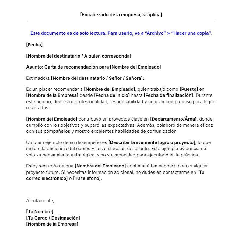 Plantilla de Carta de Recomendación