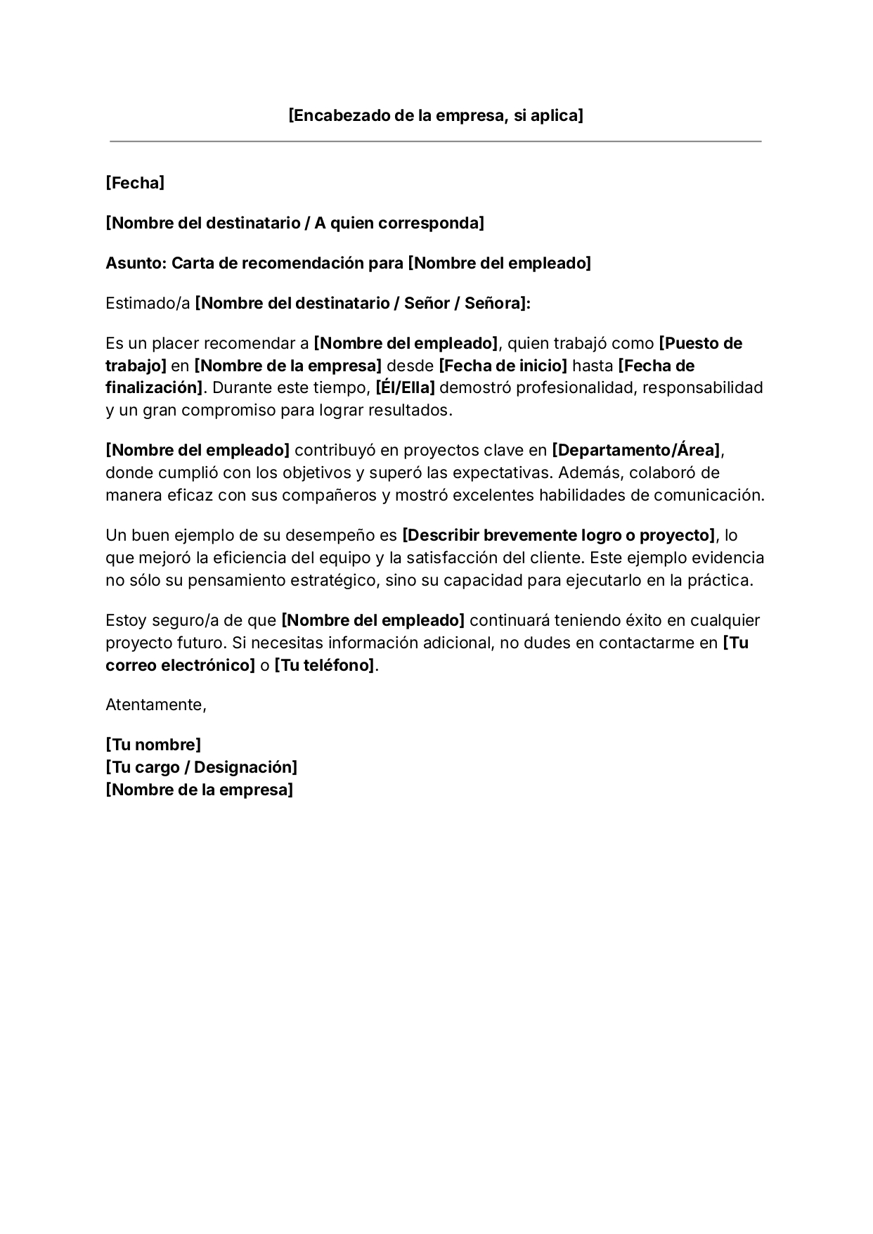 Plantilla de Carta de Recomendación