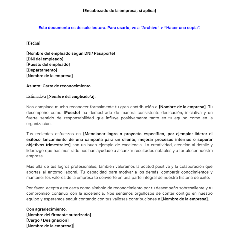 Plantilla de Carta de reconocimiento a un empleado