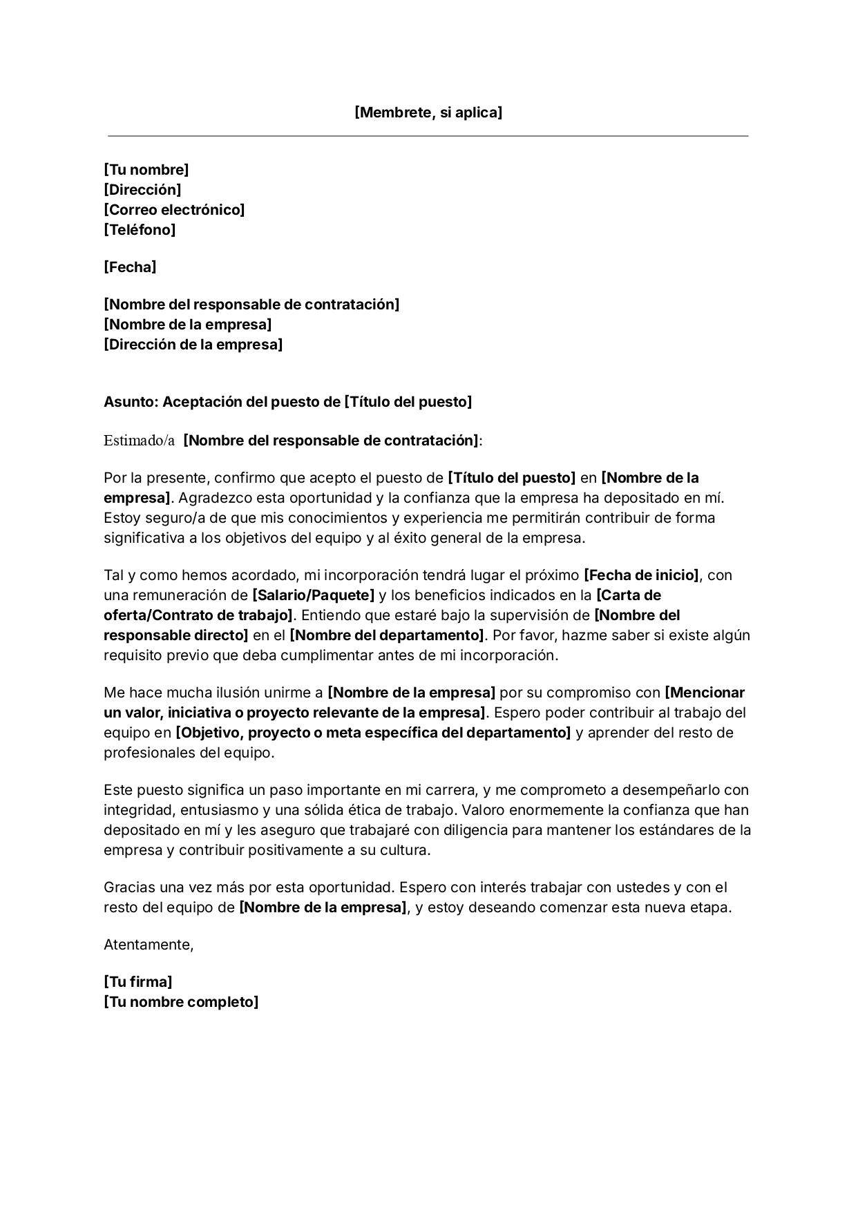 Plantilla de carta de aceptación de trabajo