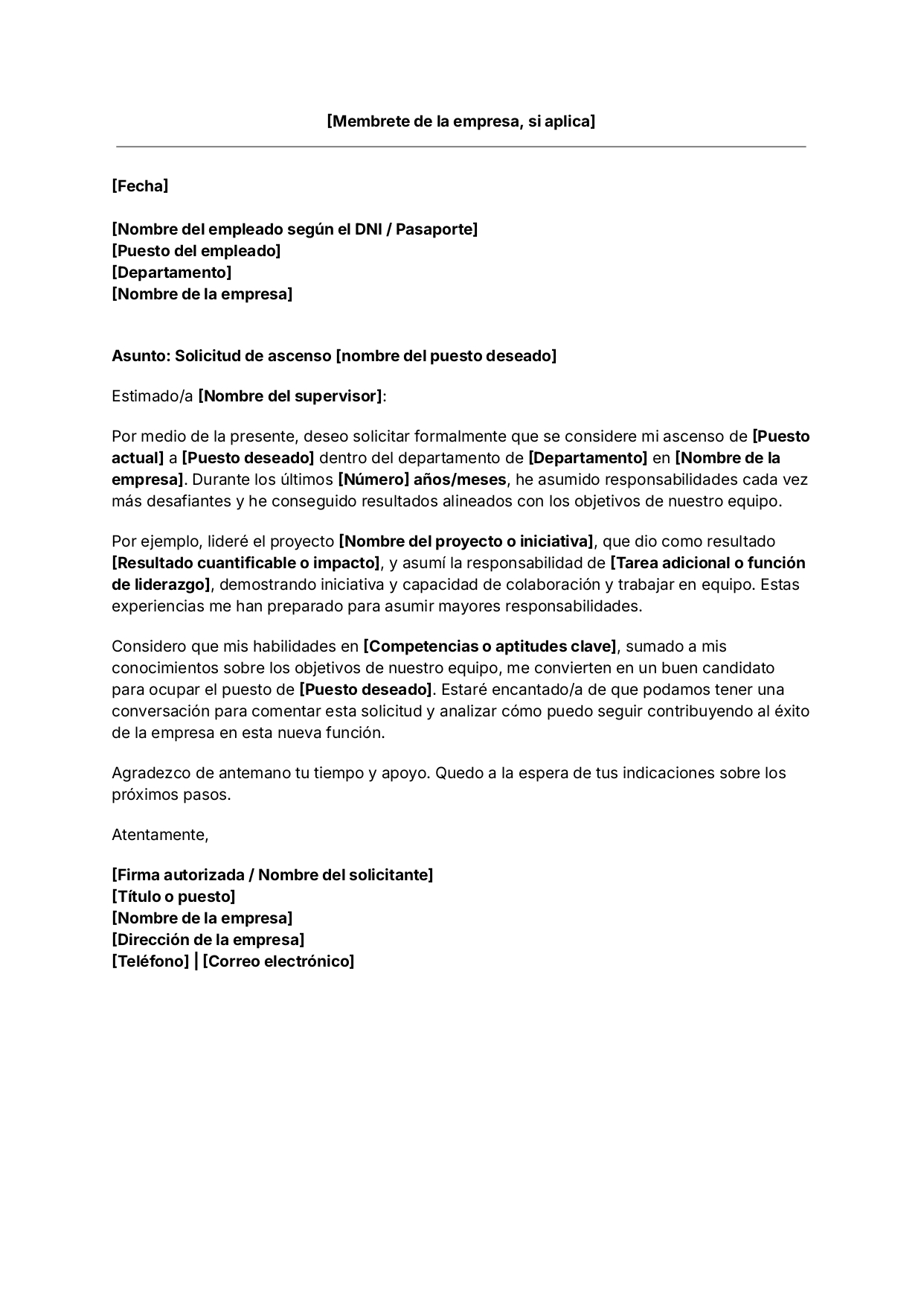 Plantilla de carta de solicitud de ascenso