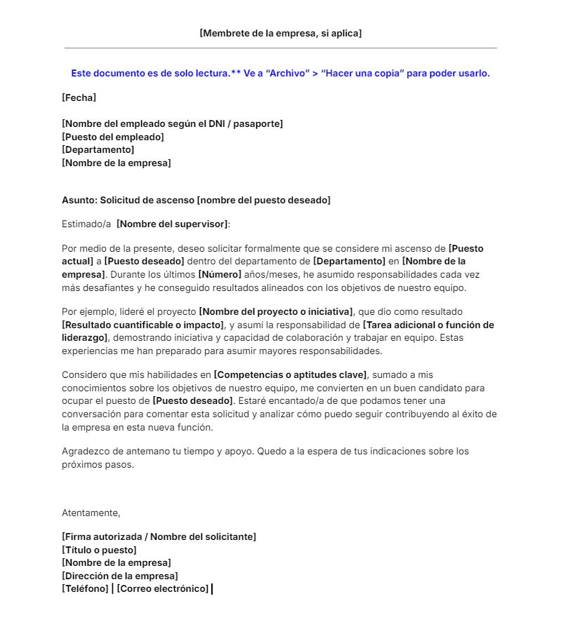 Plantilla de carta de solicitud de ascenso