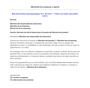 Plantilla de carta para rechazar una oferta laboral. Descarga gratis
