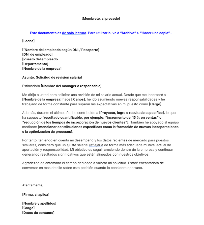 Plantilla de carta para solicitar un aumento de salario. descarga gratis