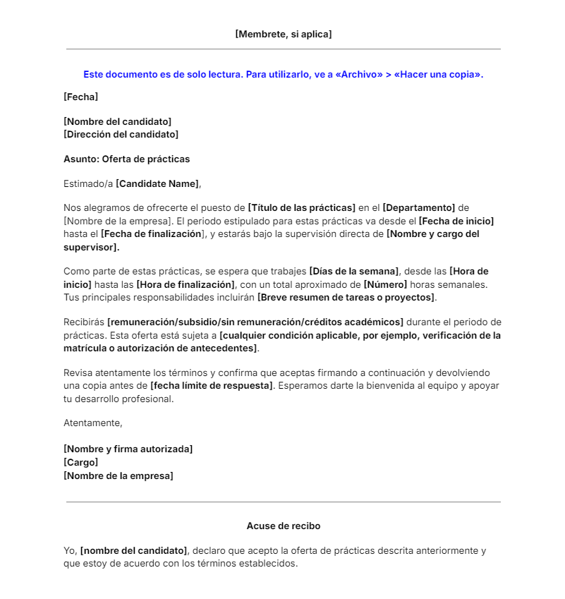Plantilla de oferta de trabajo en prácticas