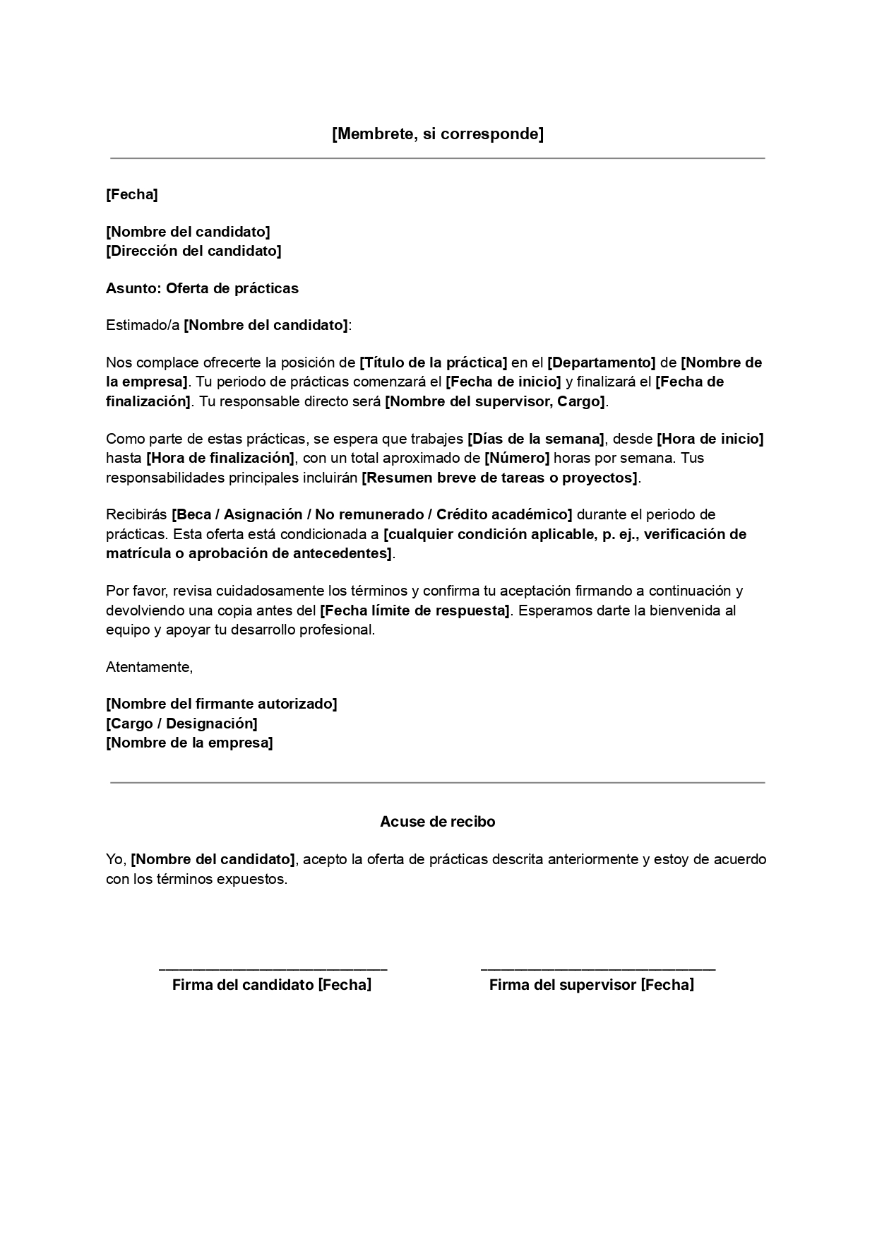 Plantilla de oferta de trabajo en prácticas