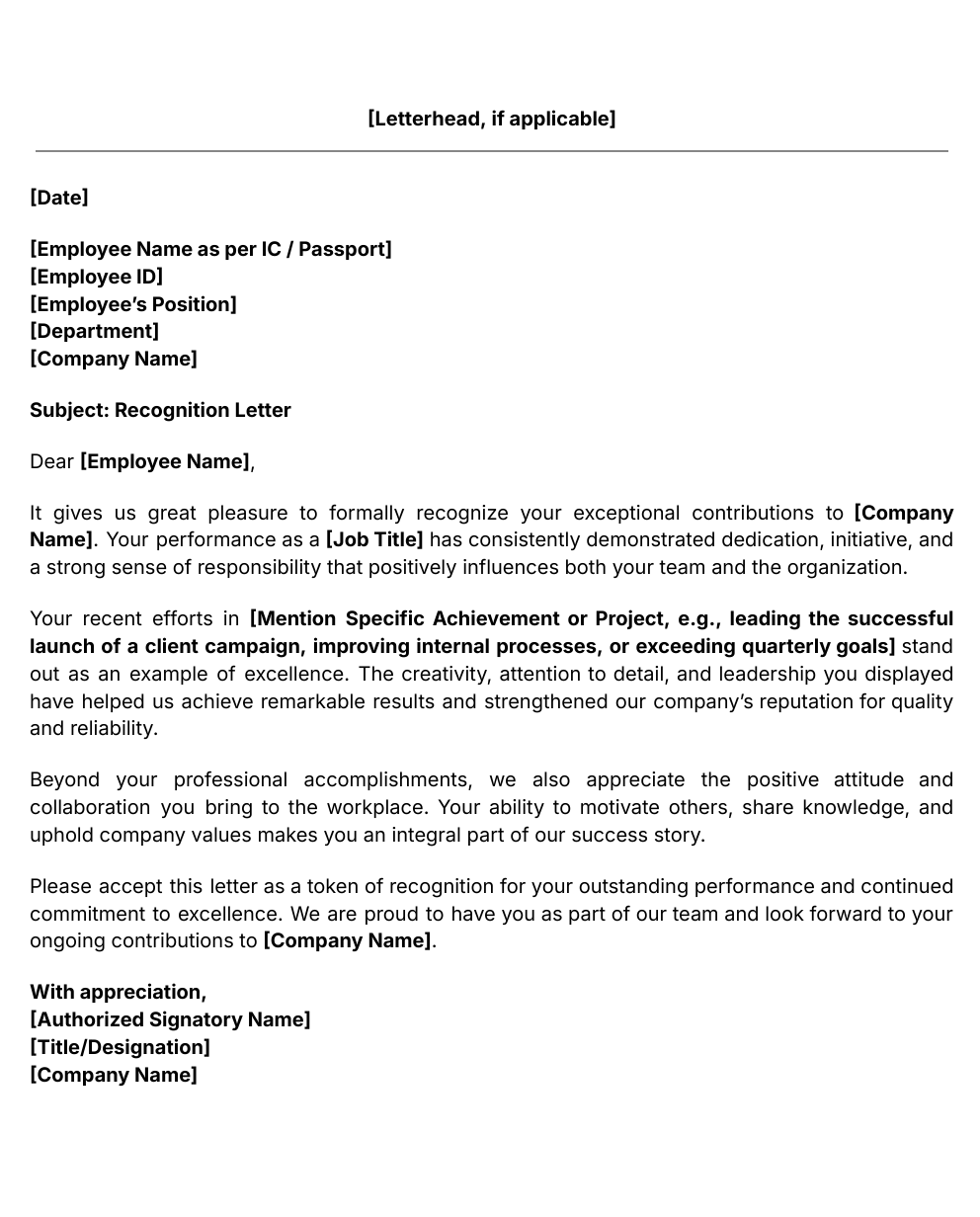 Employee Recognition Letter Template