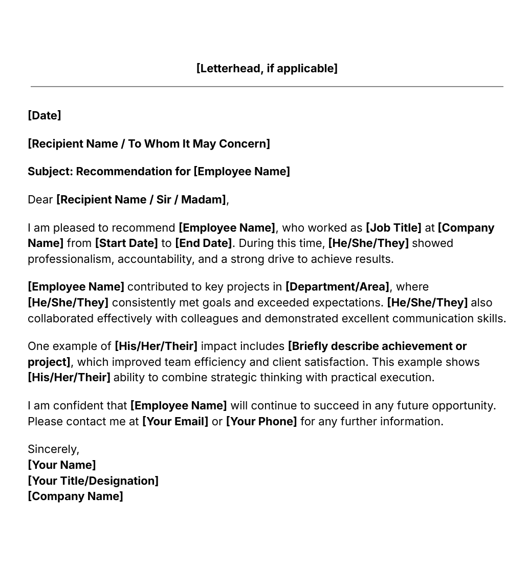 employee recommendation letter template