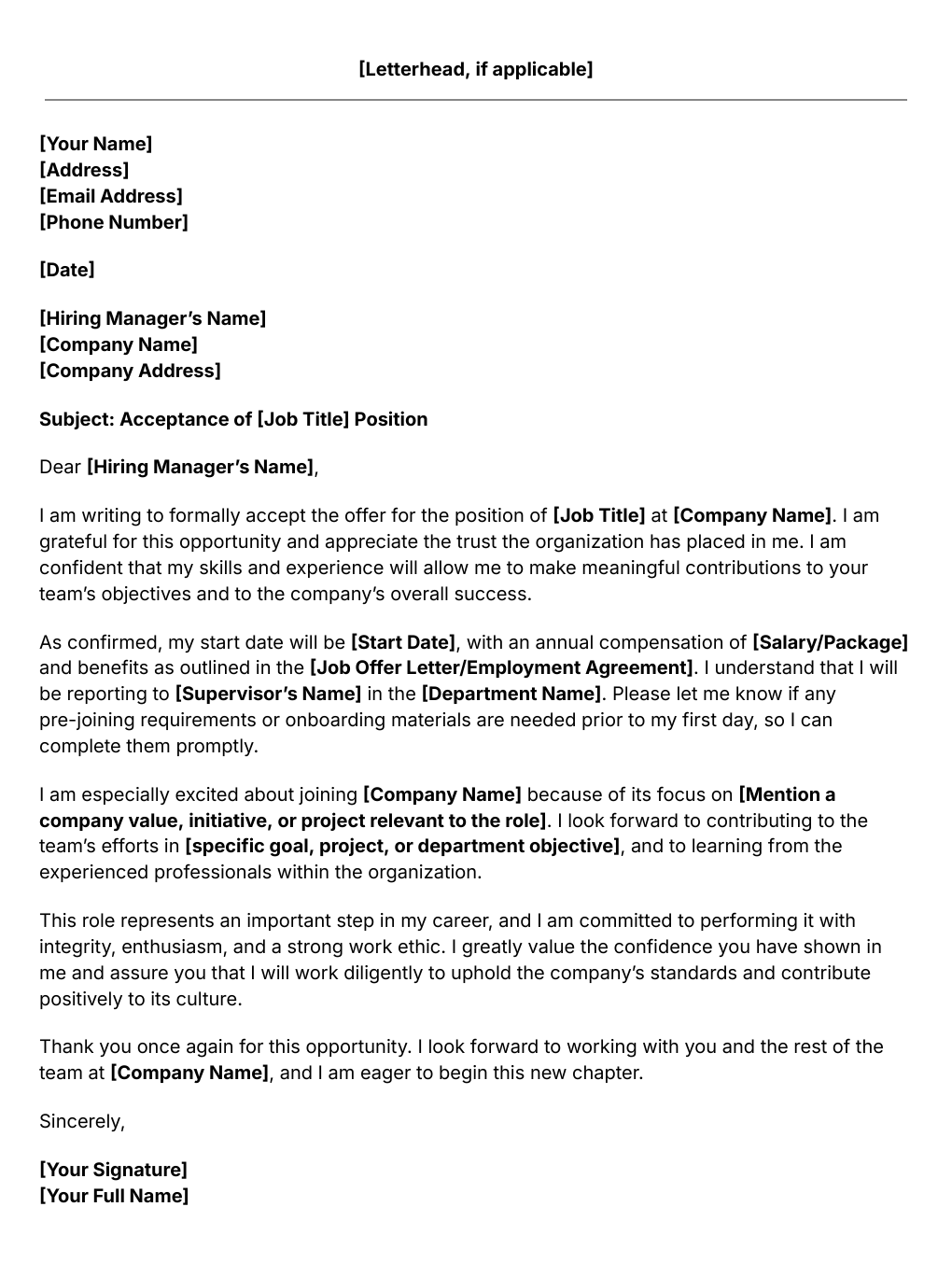 job acceptance letter template