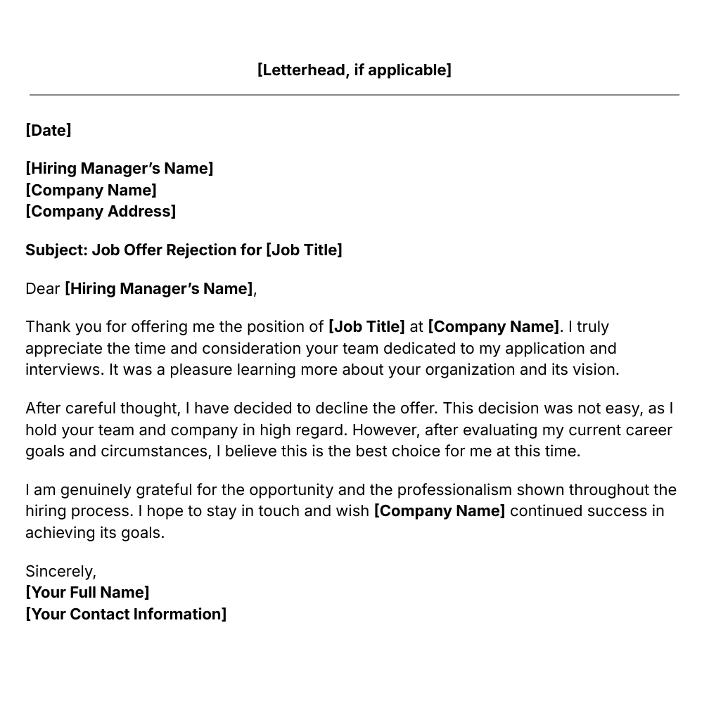 job offer rejection letter template