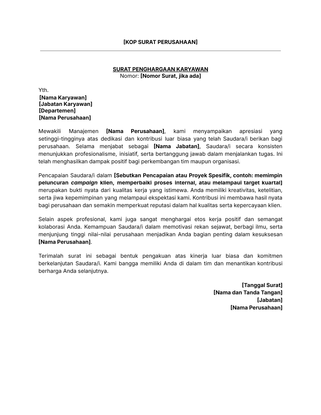 Contoh surat penghargaan karyawan terbaik