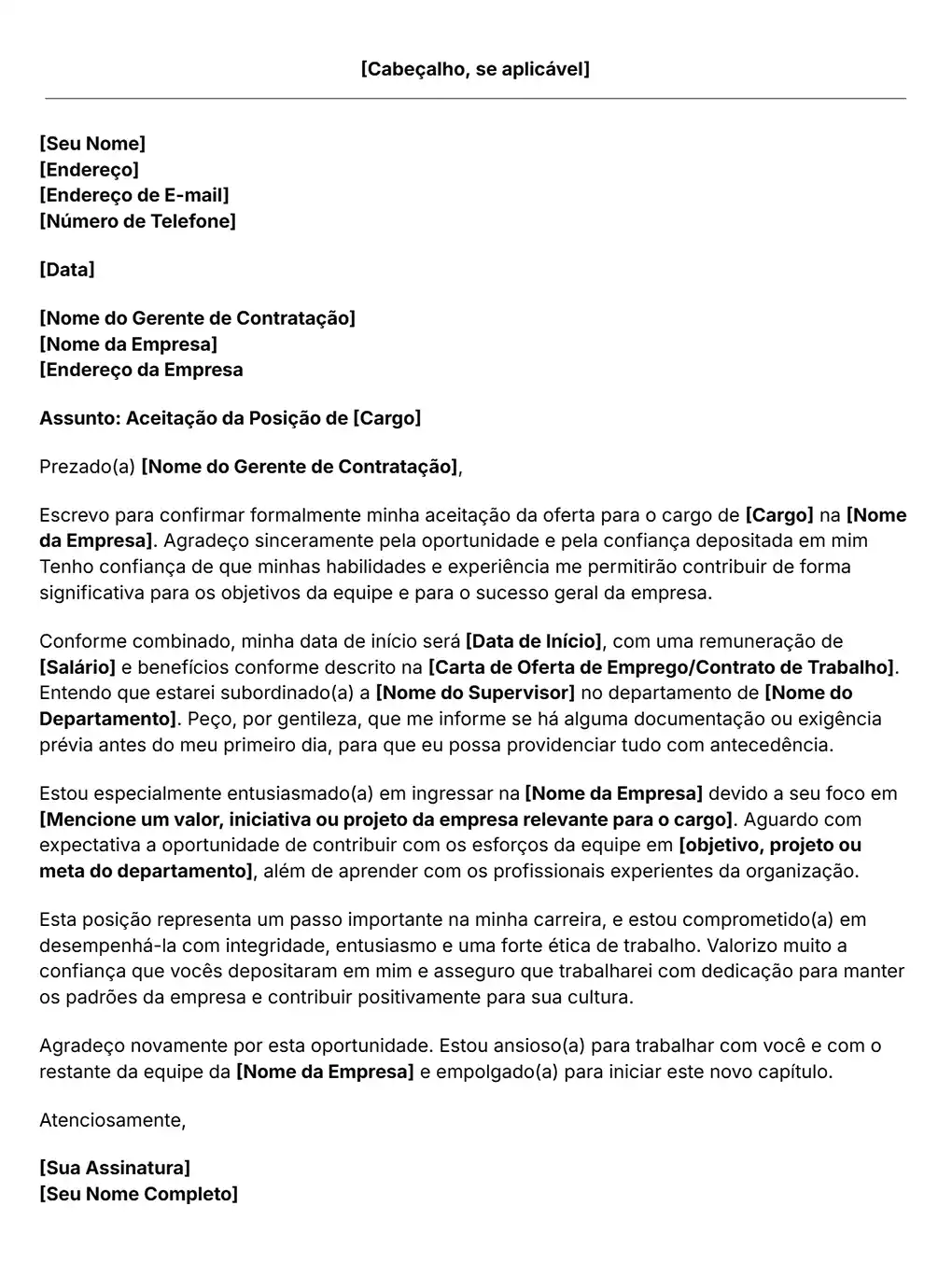 carta de aceitação de oferta de emprego