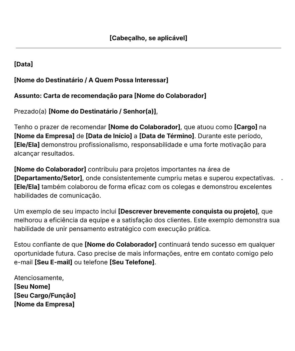 modelo de carta de recomendação profissional