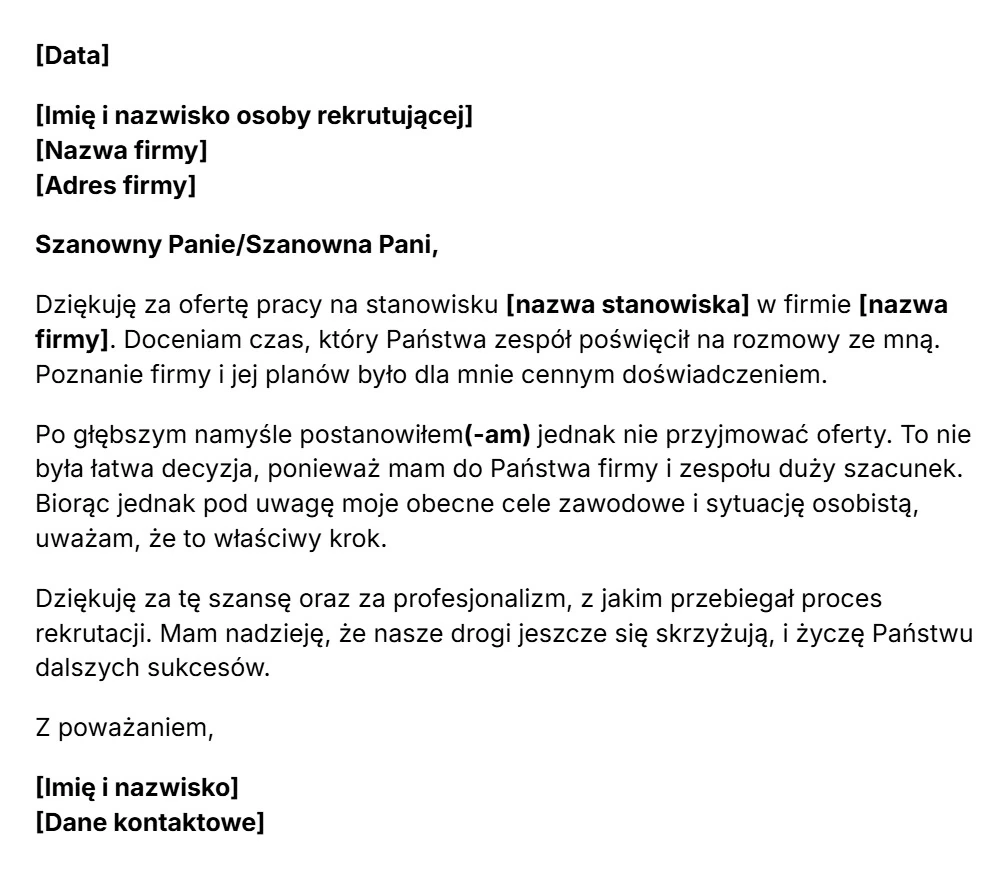 Wzór odrzucenia oferty pracy od Jibble.