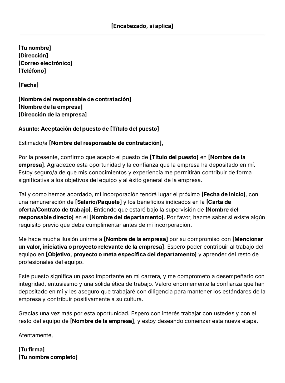 Plantilla de carta de aceptación de trabajo