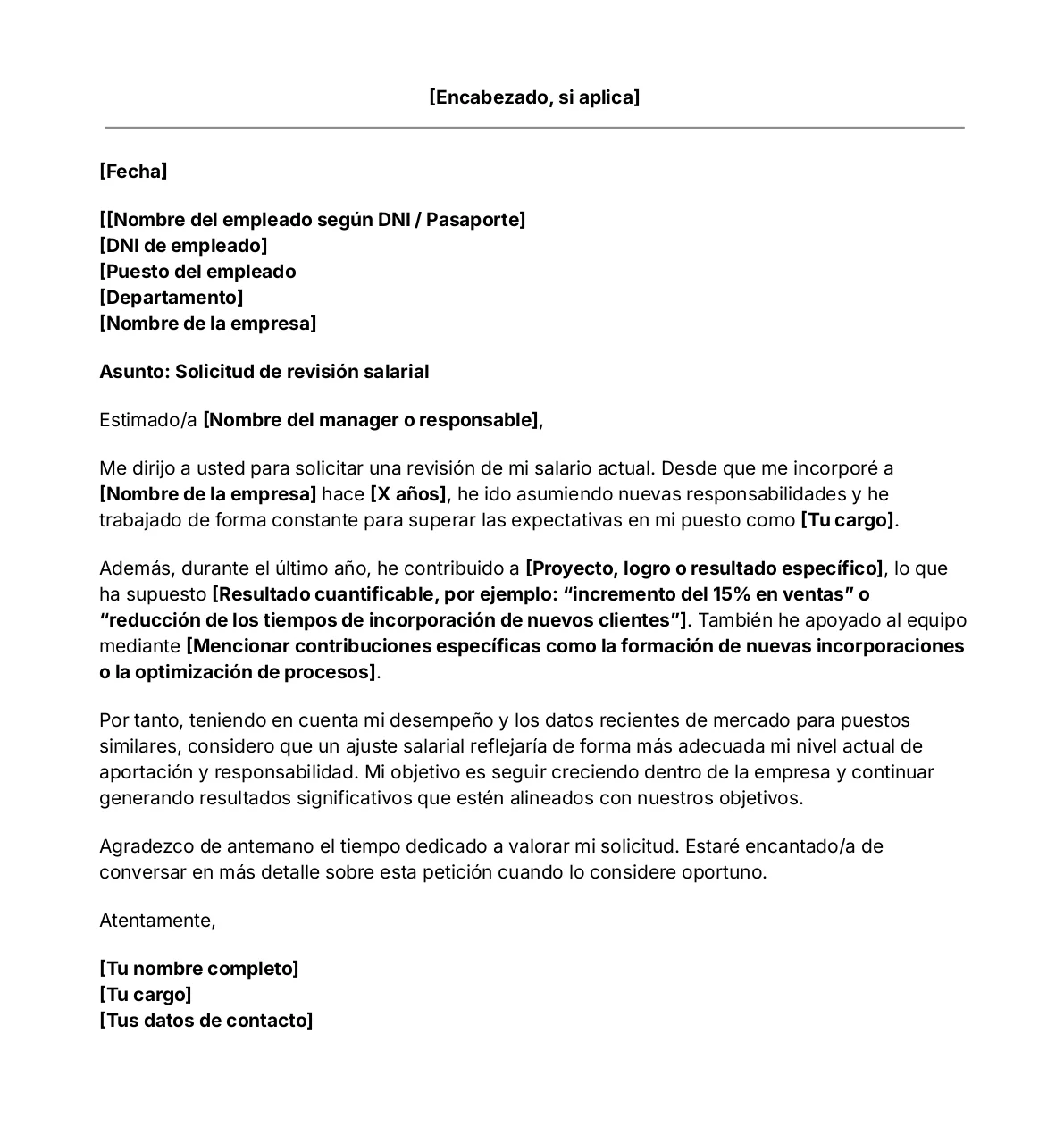 Plantilla de carta de solicitud de aumento salarial