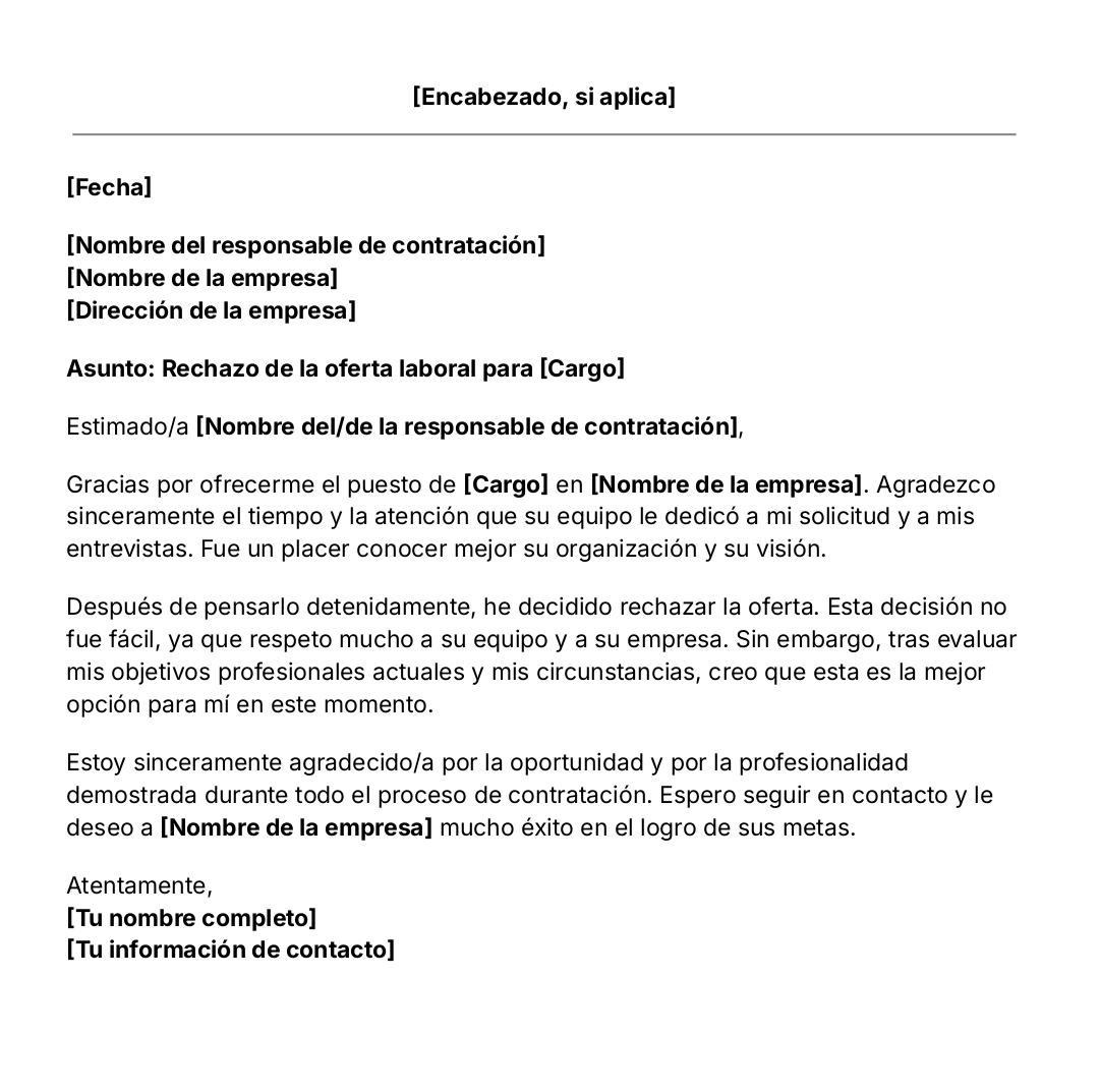 Plantilla de carta de rechazo a una oferta de trabajo